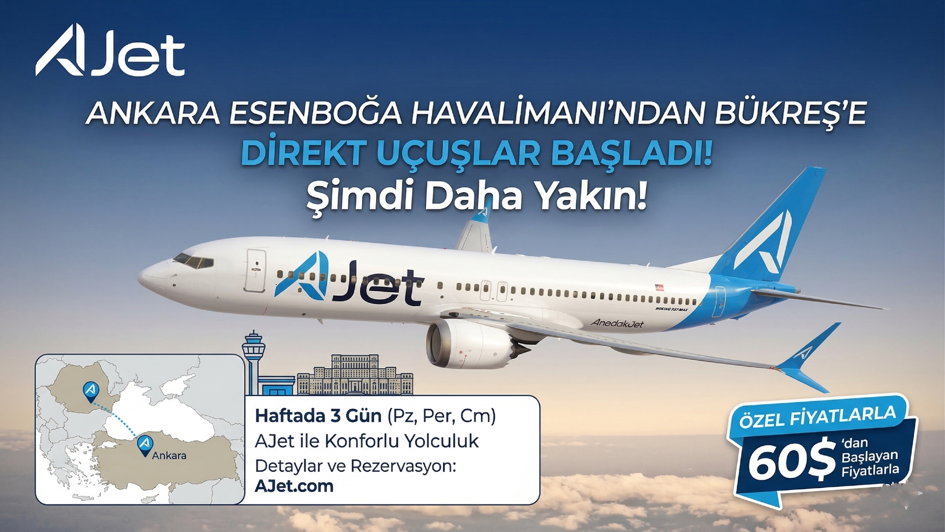 Ankara Esenboğa Havalimanından Bükreş’e direkt uçuşlar başladı